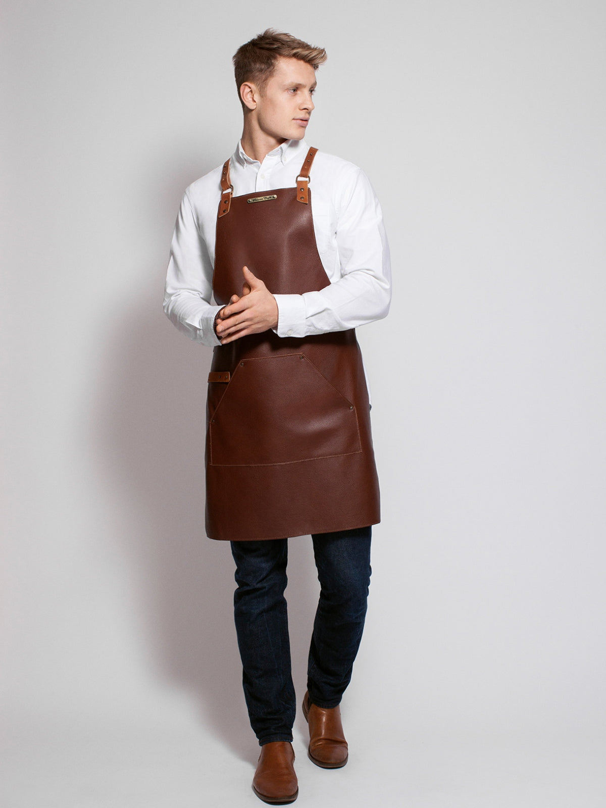 Leather Apron Cross Strap Deluxe Brown by Handcrafted Leather Aprons - ChefsCotton