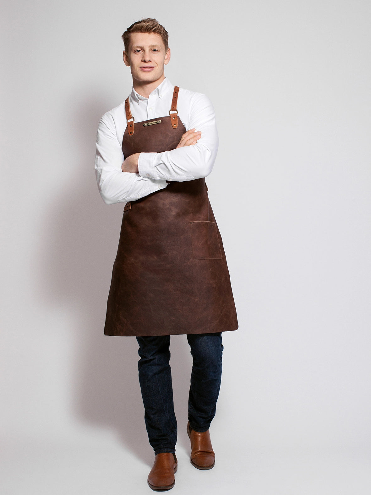 Leather Apron Cross Strap Rustic Brown by Handcrafted Leather Aprons - ChefsCotton