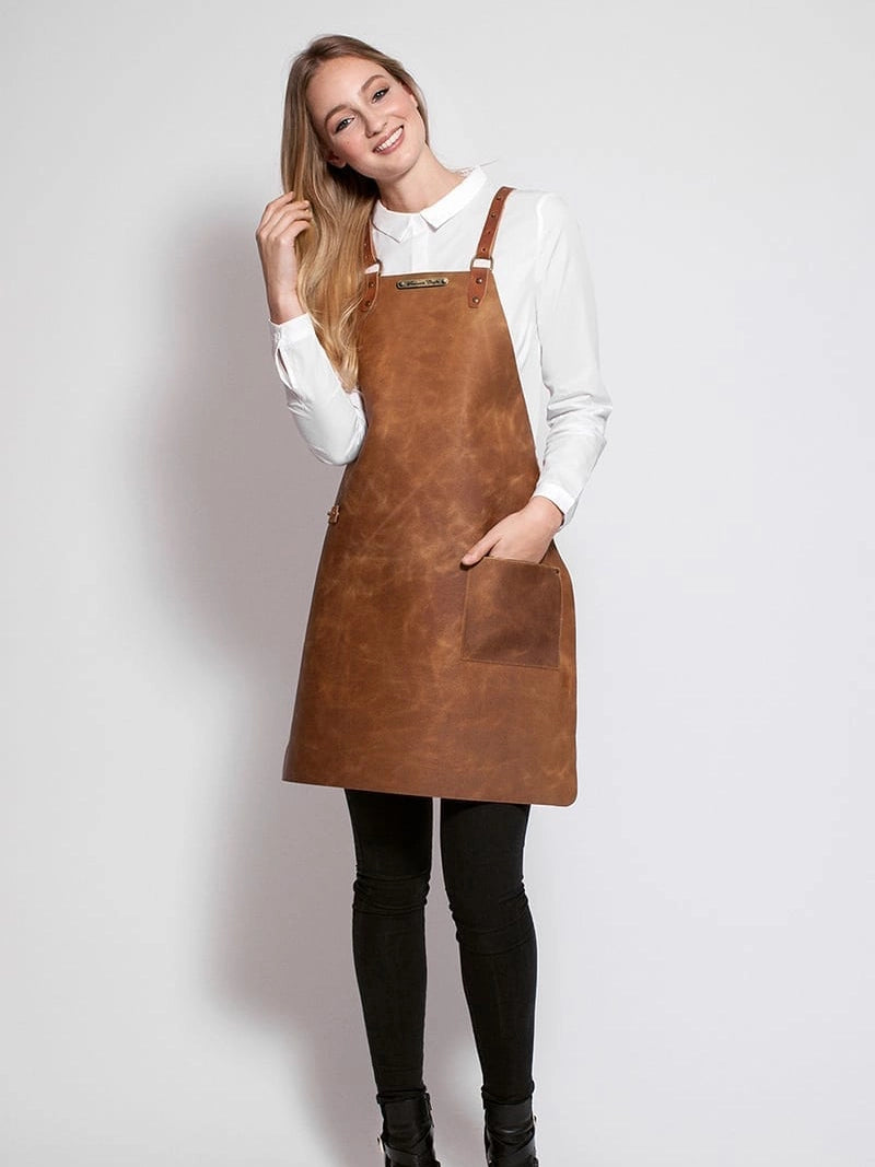 Leather Apron Cross Strap Rustic Whiskey by Handcrafted Leather Aprons - ChefsCotton
