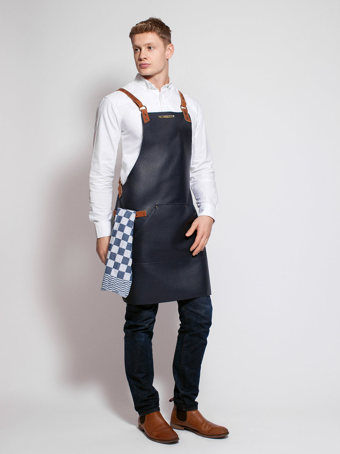 Leather Apron Cross Strap Deluxe Marine by Handcrafted Leather Aprons -  ChefsCotton